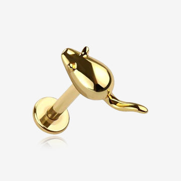 Golden Charming Little Mouse Top Internally Threaded Labret Flat Back Stud